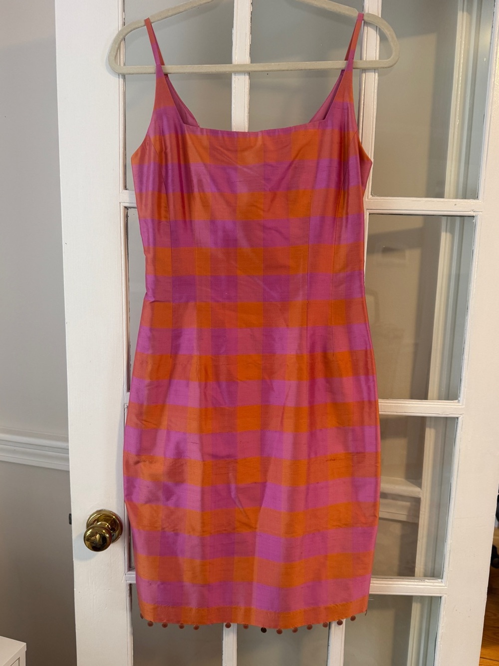Vintage Silk Maggy London Pink and Orange Checkered Spaghetti Strap Dress